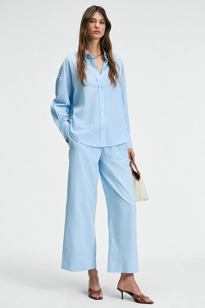 GRIMELANGE Melancholi Women's 100% Cotton Linen Look High Waist Elastic Waist Blue Trousers