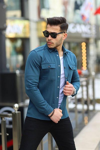 Pobudo Petrol Blue Color Double Pocket Snap Fastener Denim Shirt
