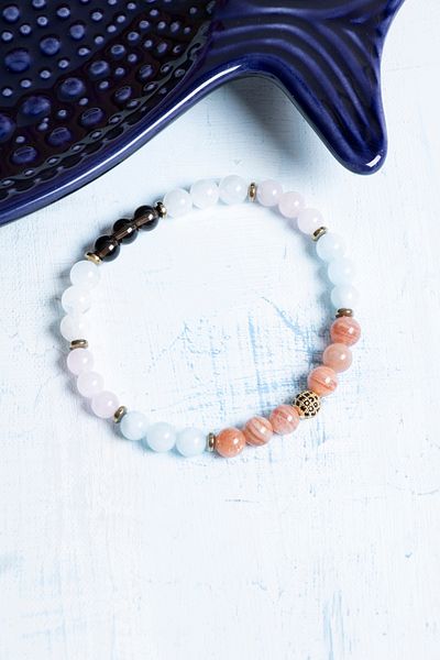 Deniz Doğal Taş Certified Sunstone Hematite Aquamarine Pink Quartz Moonstone Libra Sign Bracelet