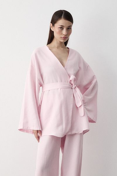 Laluvia Rosa Baumwolle Knopfleiste Leinen Kimono mit Gürtel