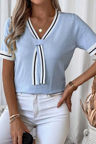 citystyle Γυναικεία μπλούζα με λαιμόκοψη V με ρίγες σε στυλ κολεγίου σε στυλ πόλο Baby Blue