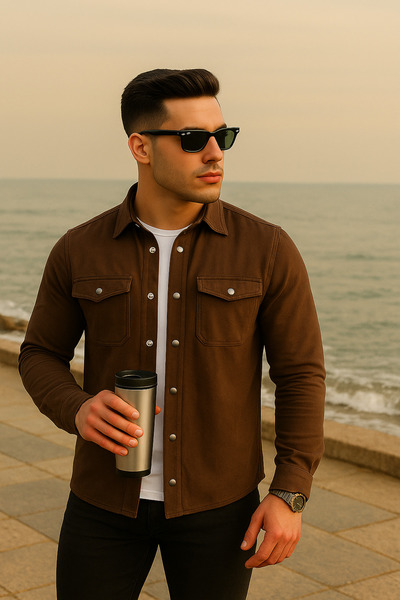 Pobudo Dark Brown Color Double Pocket Snap Fastener Denim Shirt