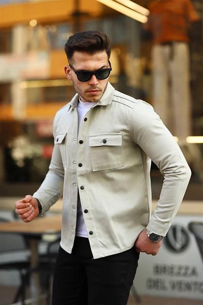 Pobudo Beige Color Double Pocket Snap Denim Shirt