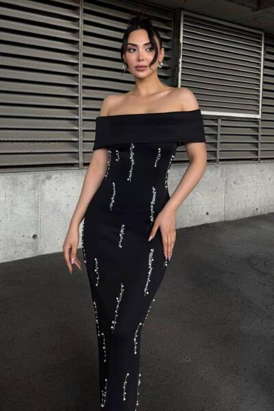 Modafeminen Taş Detaylı Straplez Yaka Scuba Kumaş Elbise Siyah 583241