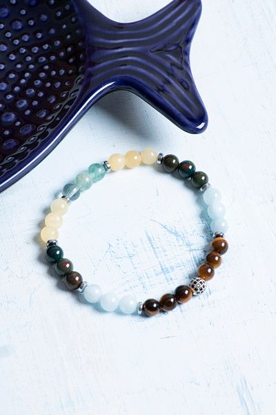 Deniz Doğal Taş Certified Tiger Eye Aquamarine Bloodstone Calcite Fluorite Pisces Bracelet