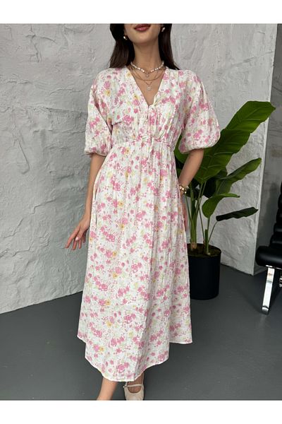 Elif Özbey Butik Pink Floral Lined Muslin Dress