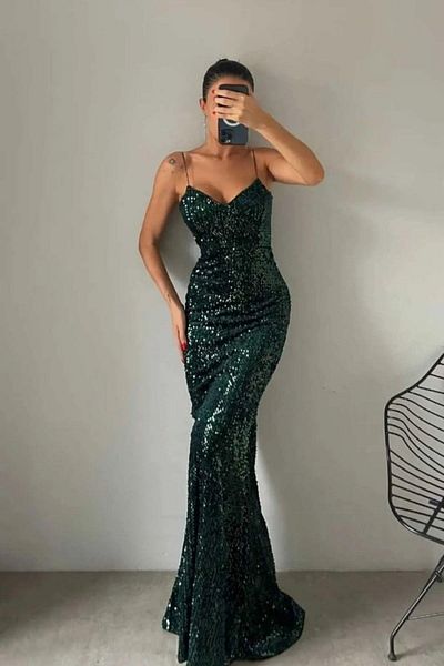 SELİN MODA EVİ Trend Velvet Slit Dress Emerald 583150