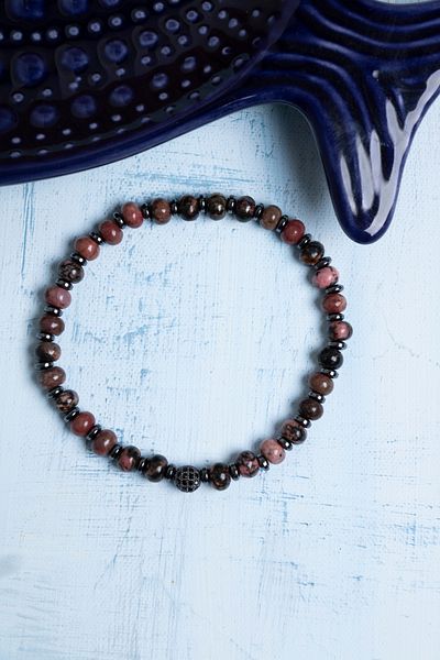 Deniz Doğal Taş Certified Rhodonite and Hematite Natural Stone Bracelet