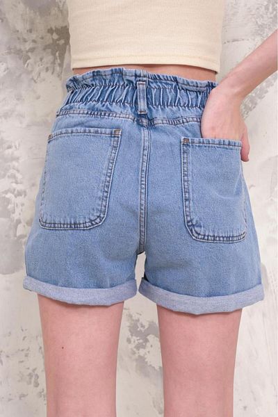 ZAROLİ Femei - Mini pantaloni scurți din denim cu picior dublu, cu detaliu cu volane și talie elastică
