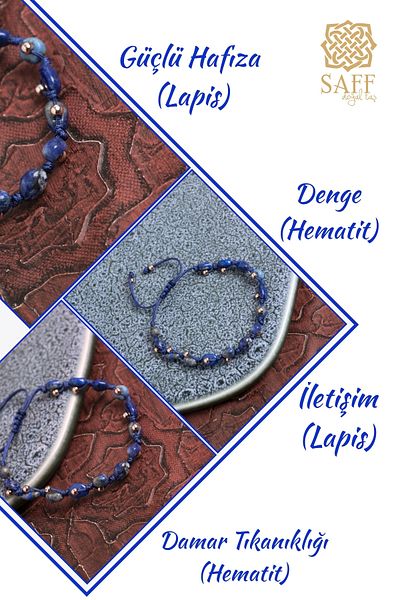 Saff Doğal Taş Certified Lapis and Hematite Communication Power Bracelet