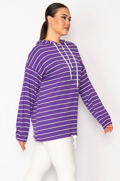 Şans Women's Large Size Purple Front Placket Zippered Eyelet and Lace Detailed Hooded Striped Tunic 65n28699