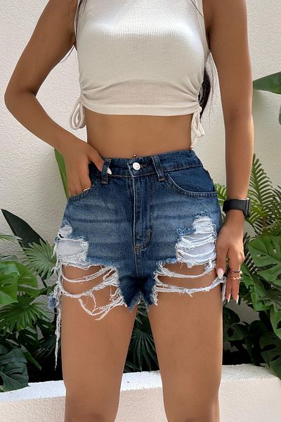 ZAROLİ Mini pantaloni scurți din denim pentru femei - talie elastică, fustă cu ciucuri, detaliu rupt