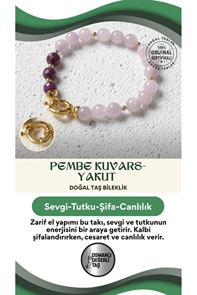 OSMANLI DEĞERLİ TAŞ Sertifikalı Doğal Pembe Kuvars ve Yakut Bileklik – Zarif ...