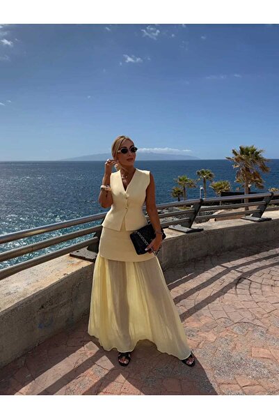 LE CARAMBOLE Women's Yellow Summer Knitwear Vest Chiffon Detailed Skirt Double Set