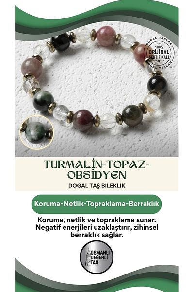 OSMANLI DEĞERLİ TAŞ Ottoman Value Preservative Energy – Certified Natural Tourmaline, Topaz and Obsidian Stone Bracelet