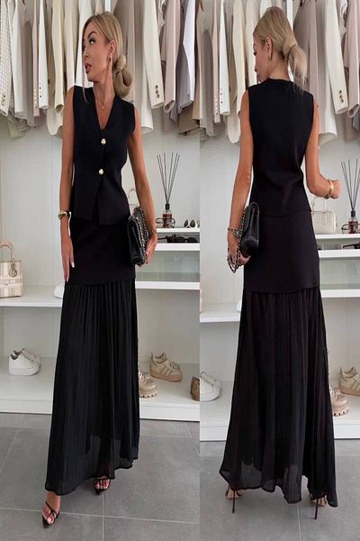 LE CARAMBOLE Women's Black Summer Knitwear Vest Chiffon Detailed Skirt Double Set