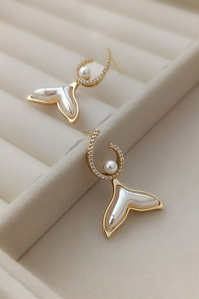 COSİTA Gold Color Earrings with Mermaid Tail and Pearl Detail Zircon Stone