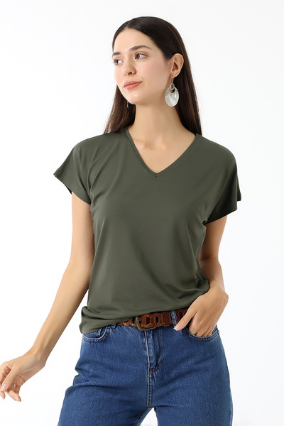 Devinka Γυναικείο μπλουζάκι Χακί με V λαιμόκοψη