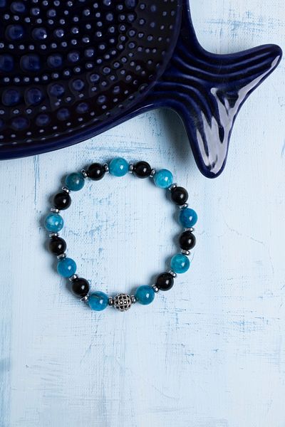 Deniz Doğal Taş Certified Obsidian and Apatite Natural Stone Bracelet