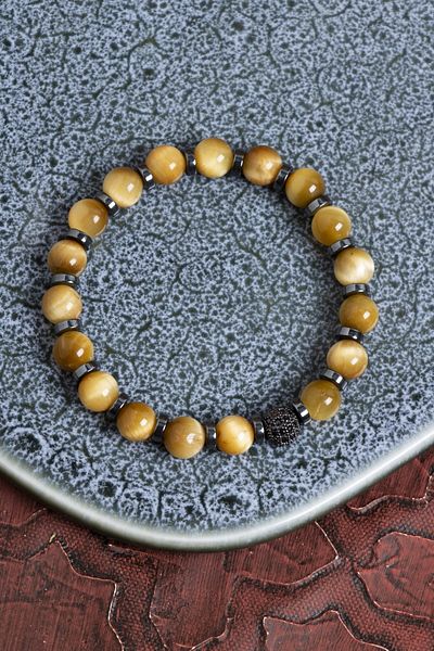 Saff Doğal Taş Certified Yellow Tiger Eye and Hematite Stone Bracelet