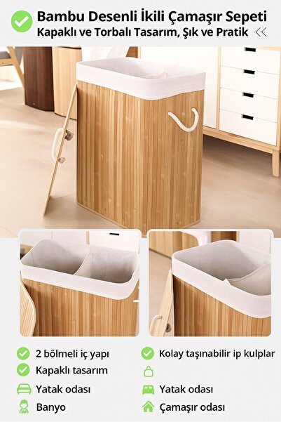 EPA Bambu Desenli Ikili Çamaşır Sepeti – Kapaklı Ve Torbalı Tasarım, Şık Ve Pratik