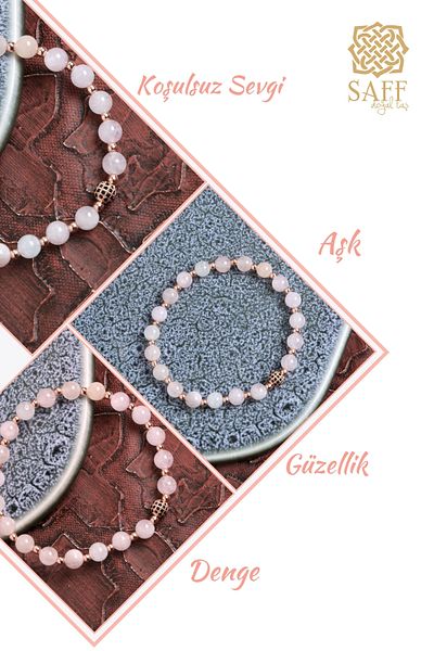 Saff Doğal Taş Certified Pink Quartz and Hematite Stone Elegant Bracelet