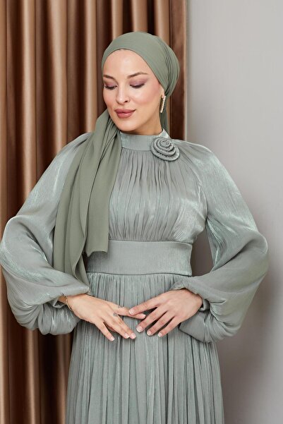 Olcay Flower Detailed Pleated Yoryo Silk Hijab Evening Dress Light Green 1240