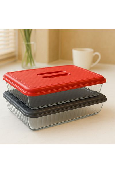 CHANCE GİFT Plastic Rectangular Pyrex Lid Food Preservation Cover for Camping Picnic Gray-Red Color