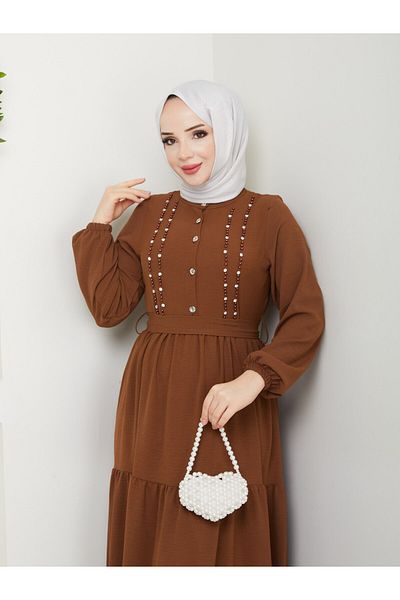 BURCU TESETTÜR Brc1153 Stone Detailled Dress with Buttons on the Front