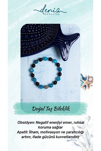 Deniz Doğal Taş Certified Obsidian and Apatite Natural Stone Bracelet
