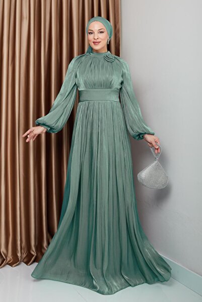 Olcay Flower Detailed Pleated Yoryo Silk Hijab Evening Dress Water Green 1240