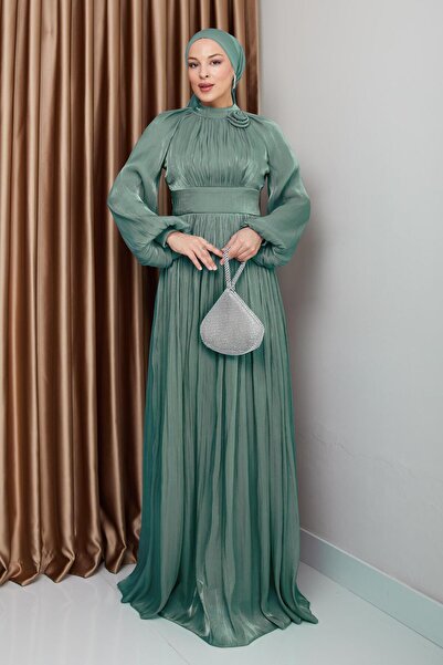 Olcay Flower Detailed Pleated Yoryo Silk Hijab Evening Dress Water Green 1240