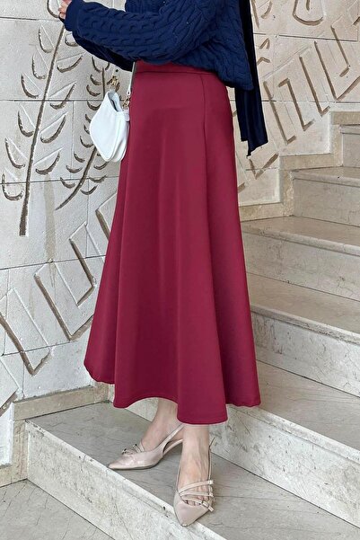 lamelif Fusta evazată din țesătură de scuba Roșu Claret