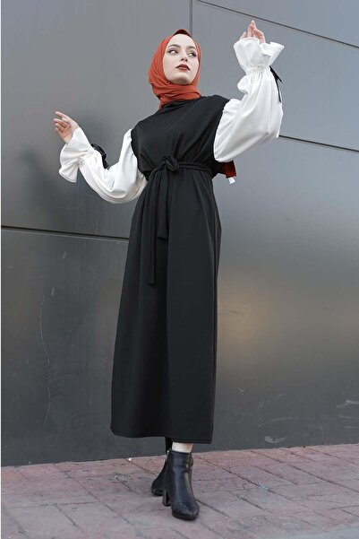 lamelif Μαύρο φόρεμα με μανίκια με ζώνη