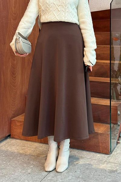 lamelif Scuba Fabric Flared Φούστα Καφέ