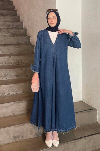lamelif Blue Denim Dress - Open Neck Detail