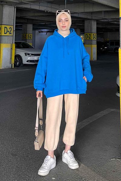 lamelif Saks Blue Oversize Hooded Sweat - Πλαϊνή τσέπη