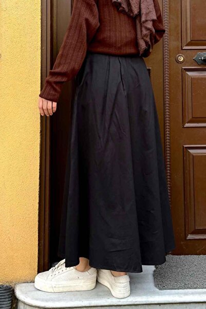 lamelif Fusta evazată din in negru - Detaliată cu buzunar