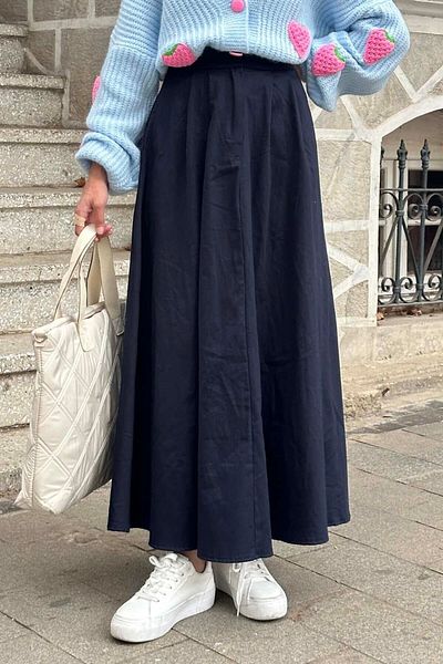 lamelif Fusta de in evazată bleumarin - Detaliată cu buzunar