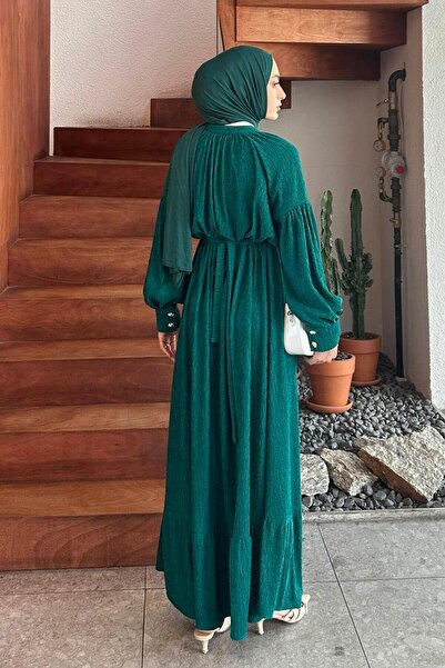 lamelif Gold Button Detailed Crinkle Dress Emerald Green