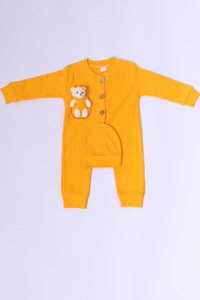 HÇM Baby Jumpsuit with Hat Gift Buttoned Teddy Bear Detail C32