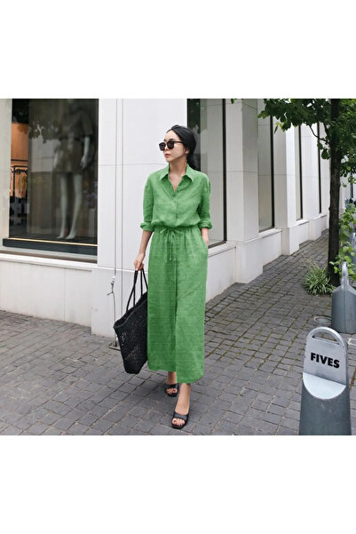 Toridas Linen Daily Comfortable Waist Lace Detailed Long Sleeve Dress