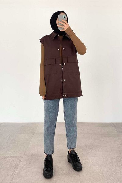 lamelif Front Snap Button Vest Bitter Brown