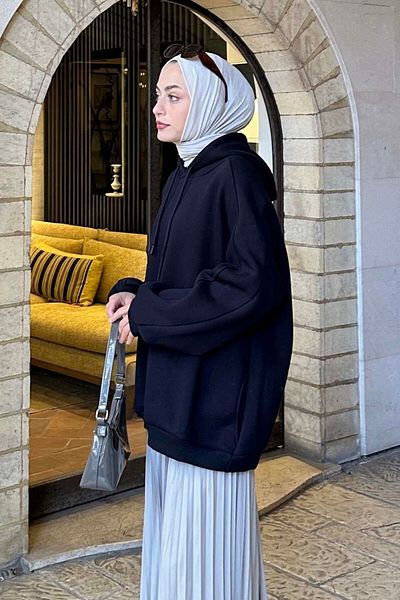 lamelif Navy Blue Oversize Sweat - Με κουκούλα και πλαϊνές τσέπες