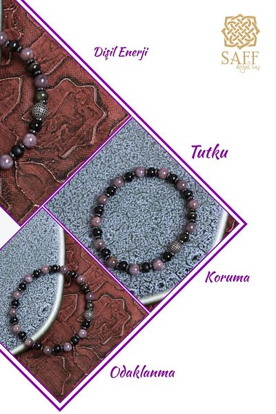 Saff Doğal Taş Certified Ruby, Obsidian and Hematite Natural Stone Bracelet