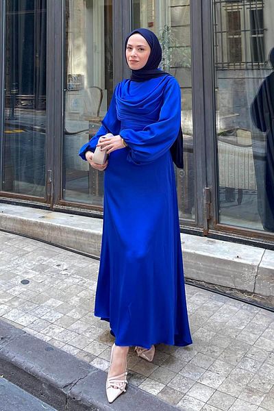 lamelif Φόρεμα Saks Μπλε Σατέν Μπροστινό ντραπέ