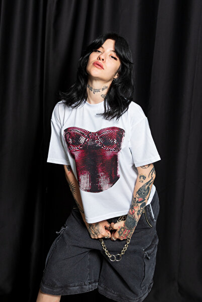 CİNEMA MODA Tricou de damă alb cu corset imprimat Relaxed Fit