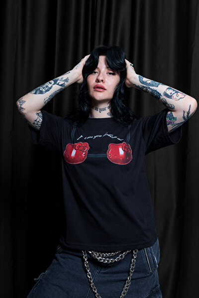 Bak Moda Red Kitty Printed Relaxed Fit Μαύρο γυναικείο μπλουζάκι