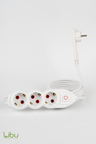 Libu Electric Üçlü Priz Ince Fişli, Topraklı, Kablolu, Led Anahtarlı, 2 Metre-beyaz