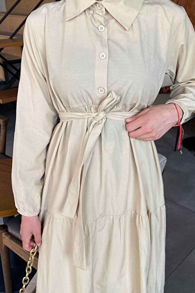 lamelif Λευκό φόρεμα Terikoton - Λεπτομέρεια με μισό κουμπί